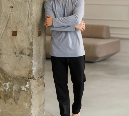  Пижама мужская Х (лонгслив серый + штаны прямые черные) "Basic" gray/black - 2