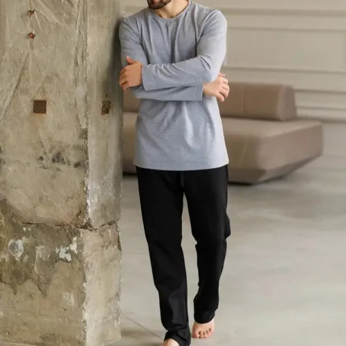 Піжама чоловіча Х (лонгслів сірий + штани прямі чорні) "Basic" gray/black - 2