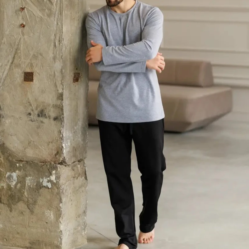  Пижама мужская Х (лонгслив серый + штаны прямые черные) "Basic" gray/black - 1