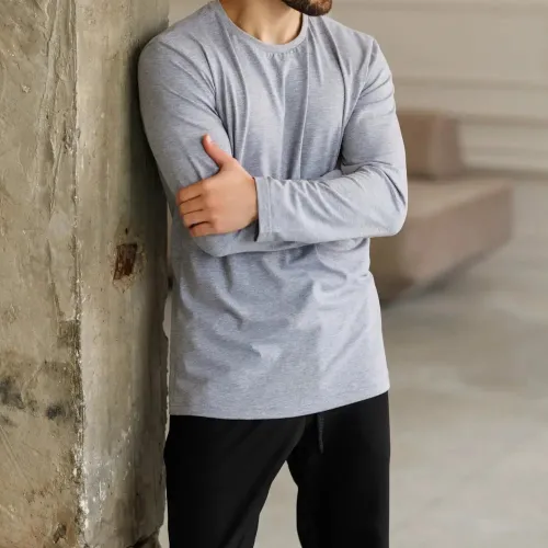 Піжама чоловіча Х (лонгслів сірий + штани прямі чорні) "Basic" gray/black - 3