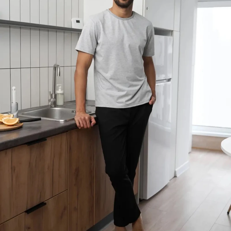  Пижама мужская Х (футболка серая + штаны прямые черные) "Basic t-shirt" gray/black