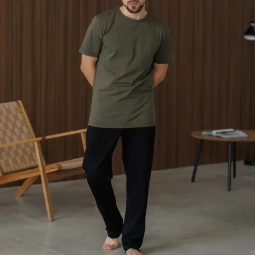 Піжама чоловіча Х (футболка хакі + штани прямі чорні) "Basic t-shirt" khaki/black