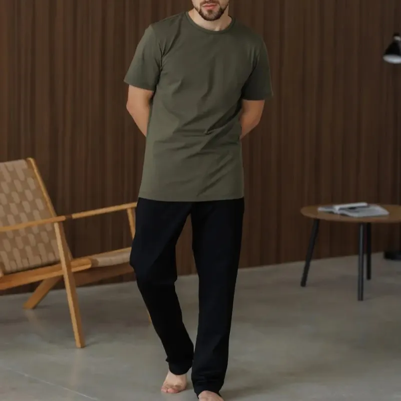 Піжама чоловіча Х (футболка хакі + штани прямі чорні) "Basic t-shirt" khaki/black