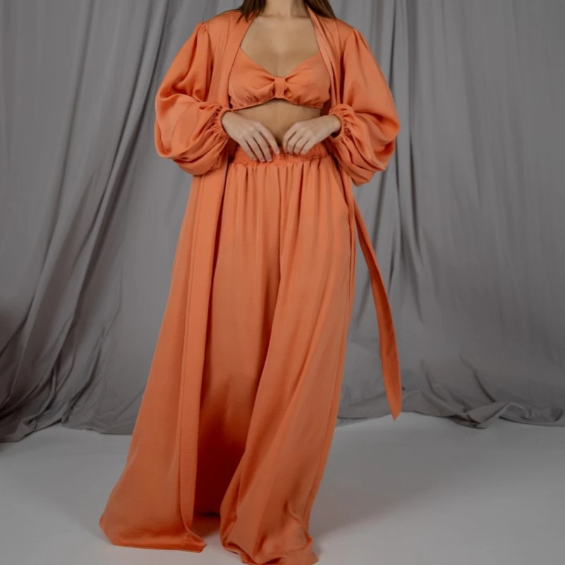 Женский костюм-тройка (бра+халат+штаны) "Charlotte" orange - 2