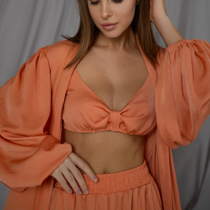 Женский костюм-тройка (бра+халат+штаны) "Charlotte" orange - 1