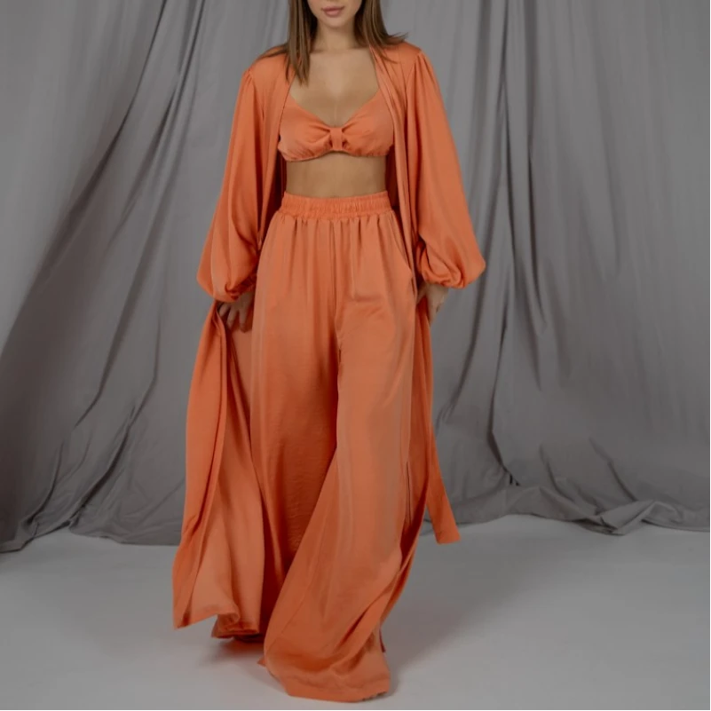 Женский костюм-тройка (бра+халат+штаны) "Charlotte" orange