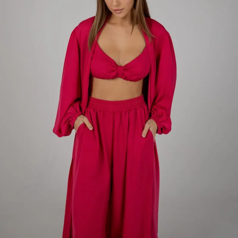 Жіночий костюм-трійка (бра+халат+штани) "Charlotte" red - 2