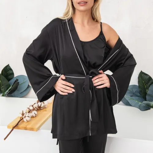 Жіночий костюм-четвірка (штани+майка+шорти+халат) "Ella" black - 2