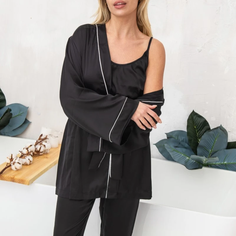 Женский костюм-четверка (штаны+майка+шорты+халат) "Ella" black - 2