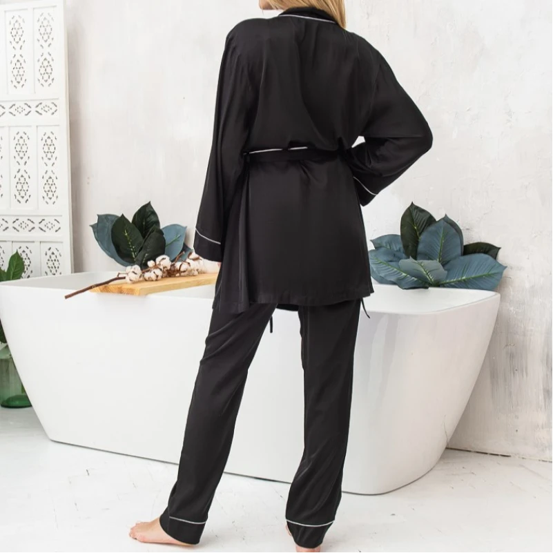 Женский костюм-четверка (штаны+майка+шорты+халат) "Ella" black - 3