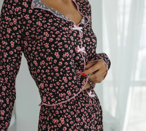Пижама женская Трикотаж рубчик "Flora black" - 2
