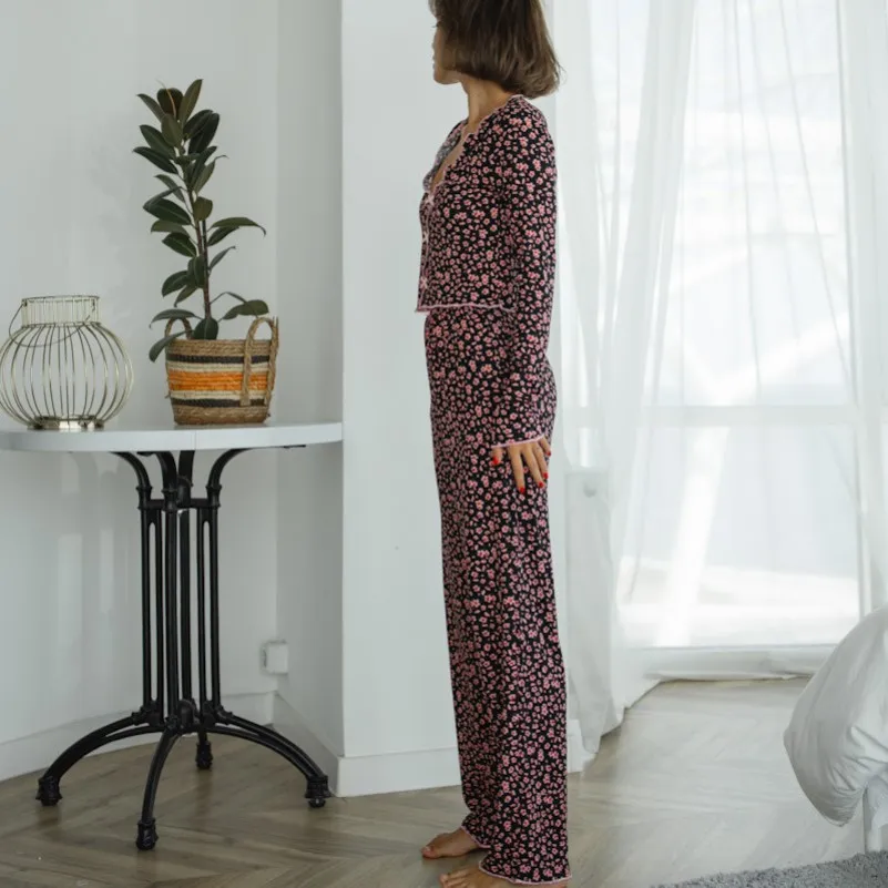 Пижама женская Трикотаж рубчик "Flora black" - 2