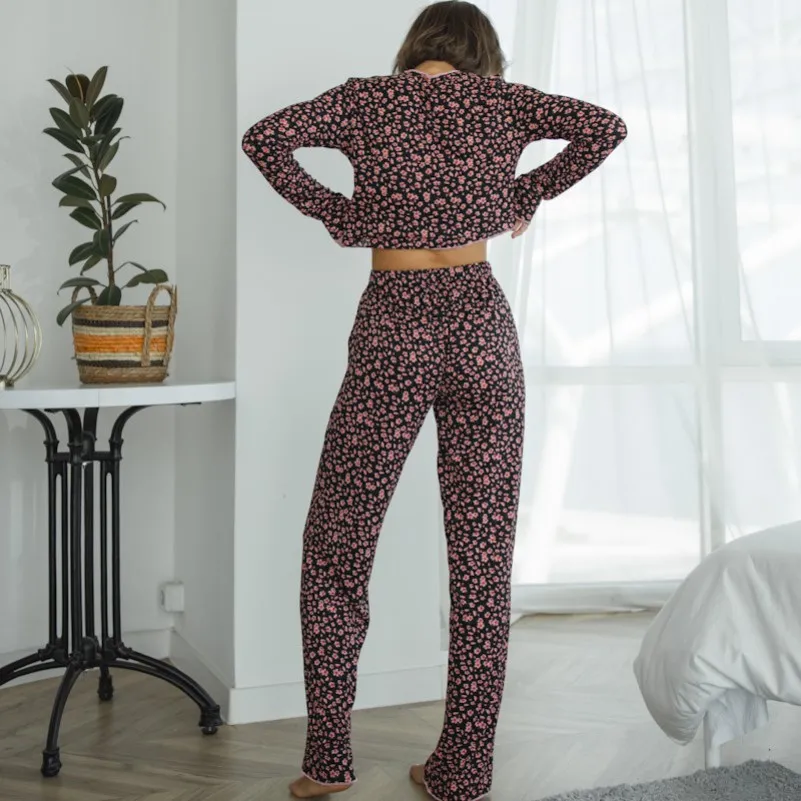 Пижама женская Трикотаж рубчик "Flora black" - 3