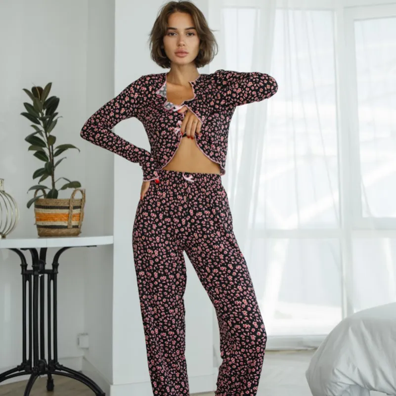 Пижама женская Трикотаж рубчик "Flora black" - 5