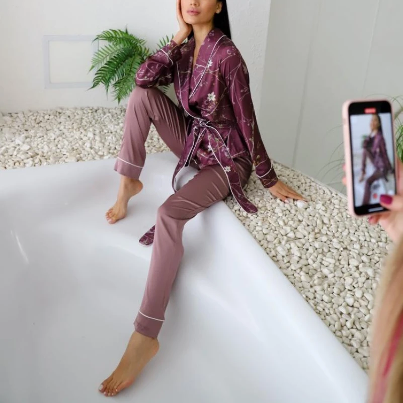 Жіночий домашній костюм шовковий "Joana" plum - 2