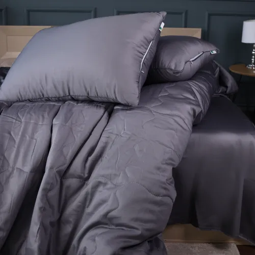 Літній постільний комплект №2981 Line Satin Premium 0240 Iron grey "Ecosilk" (ковдра + 2 подушки + 2 наволочки + простирадло) - 5