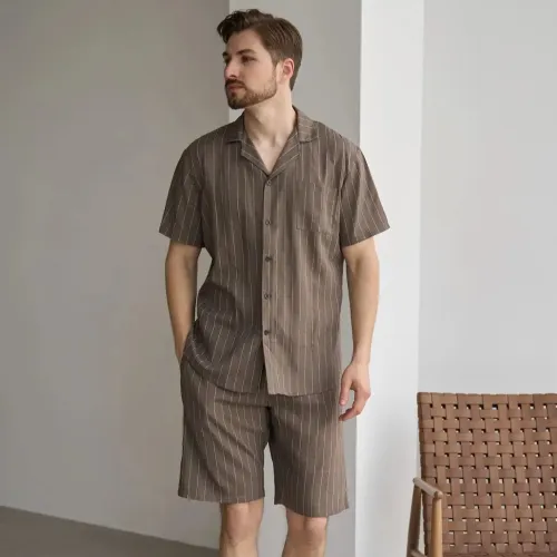 Піжама чоловіча з шортами Льон Х "Linen Strip short" mokko - 4