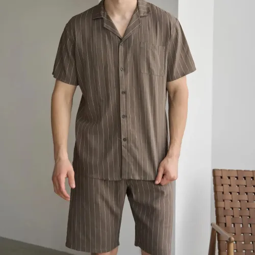 Піжама чоловіча з шортами Льон Х "Linen Strip short" mokko - 3