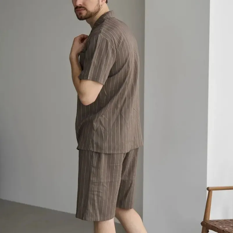 Піжама чоловіча з шортами Льон Х "Linen Strip short" mokko - 1