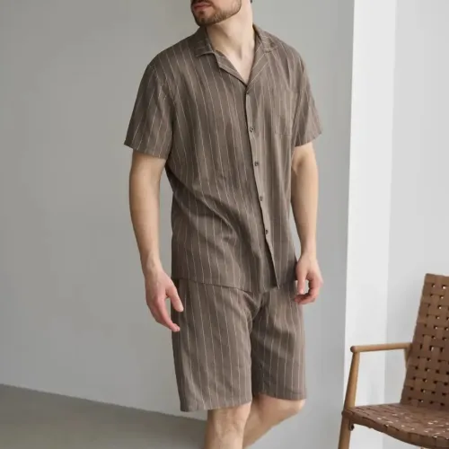 Піжама чоловіча з шортами Льон Х "Linen Strip short" mokko