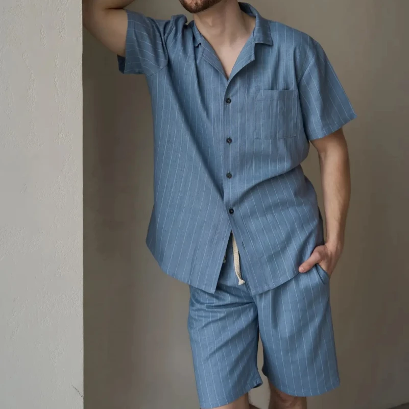  Пижама мужская с шортами Лен Х "Linen Strip short" sky