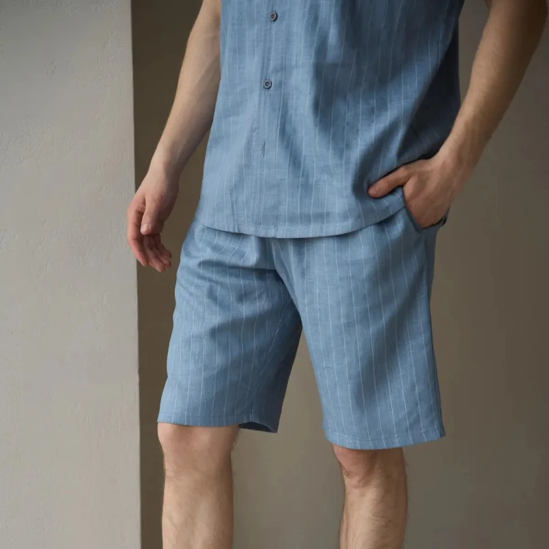  Пижама мужская с шортами Лен Х "Linen Strip short" sky - 2