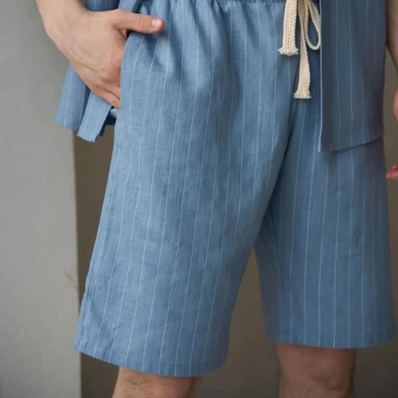  Пижама мужская с шортами Лен Х "Linen Strip short" sky - 3