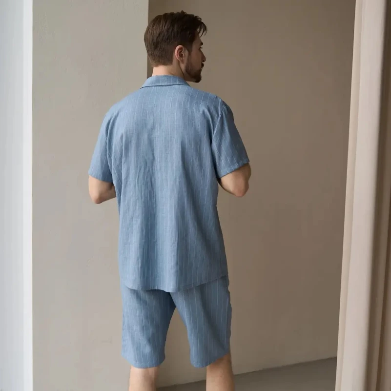  Пижама мужская с шортами Лен Х "Linen Strip short" sky - 4