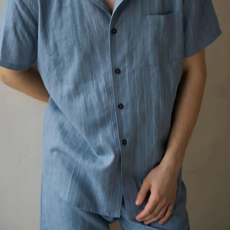  Пижама мужская с шортами Лен Х "Linen Strip short" sky - 5