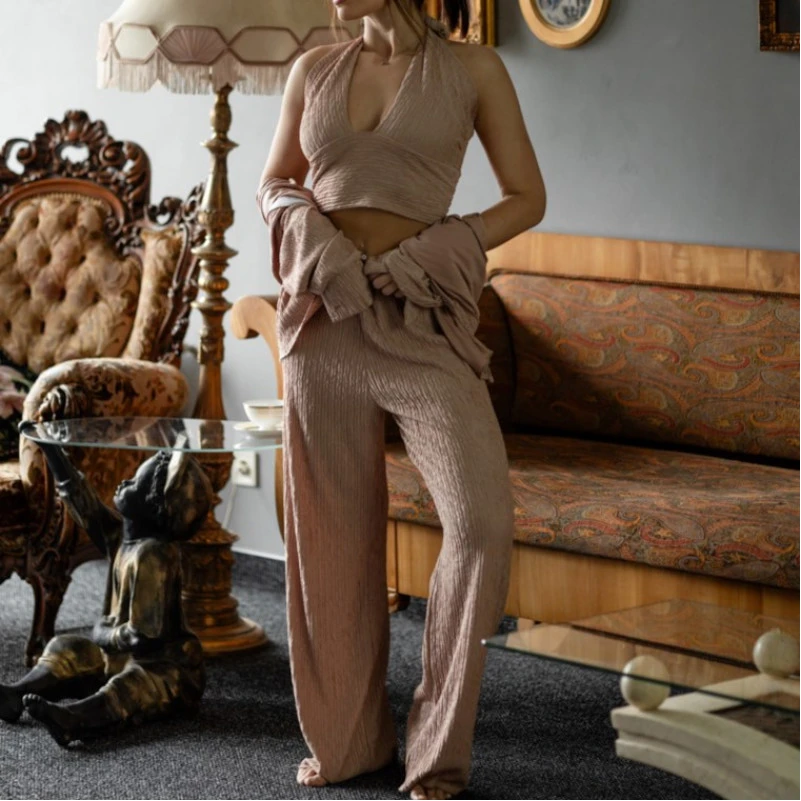  Женский костюм-тройка (рубашка+топ+штаны) "Olivia" beige - 5