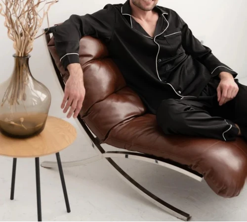  Пижама мужская Шелк С "Silk men's black" с белым кантом - 2