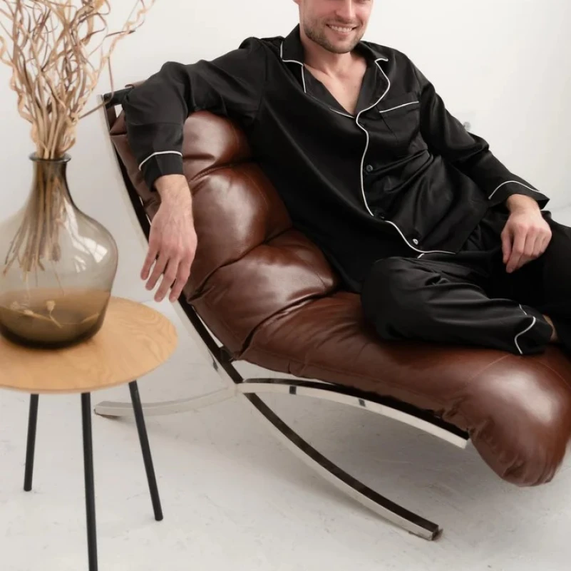  Пижама мужская Шелк С "Silk men's black" с белым кантом - 1