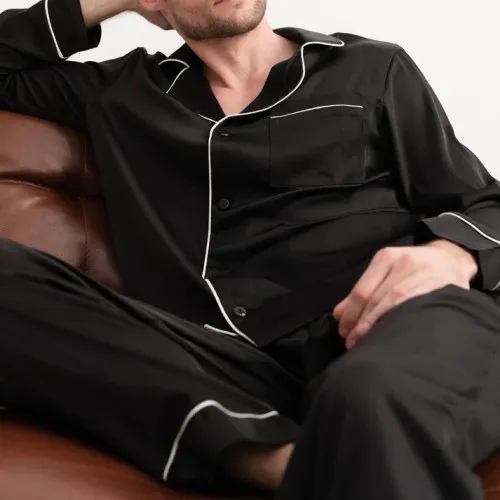 Піжама чоловіча Шовк С "Silk men's black " з білим кантом - 4