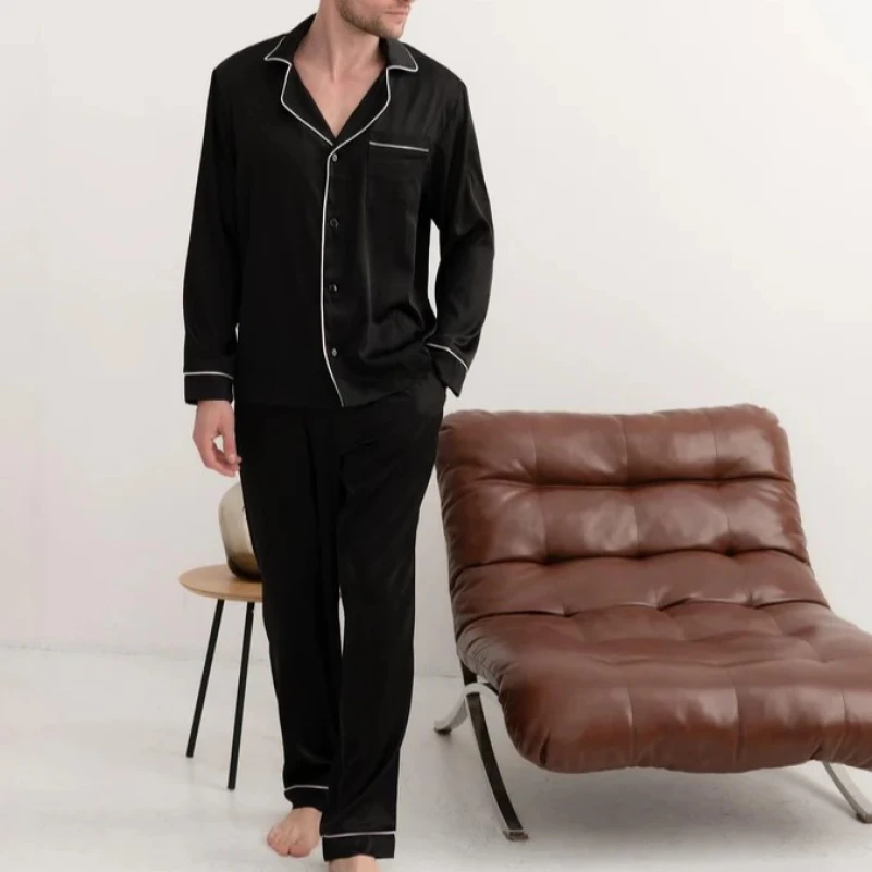  Пижама мужская Шелк С "Silk men's black" с белым кантом