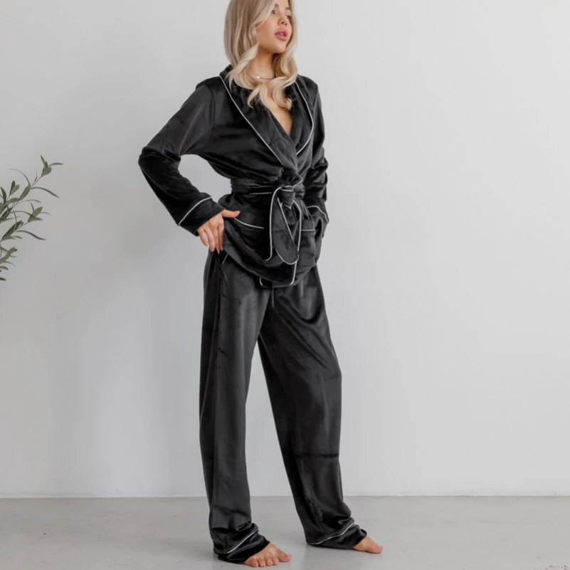 Пижама женская Велюровая "Velor black" на запах - 3