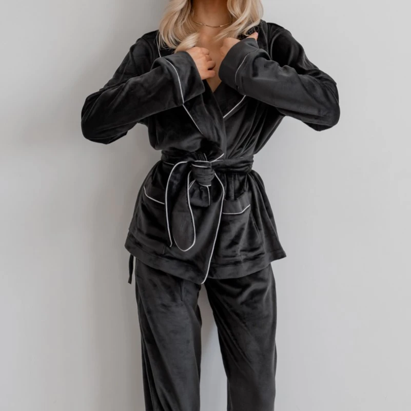 Пижама женская Велюровая "Velor black" на запах - 2