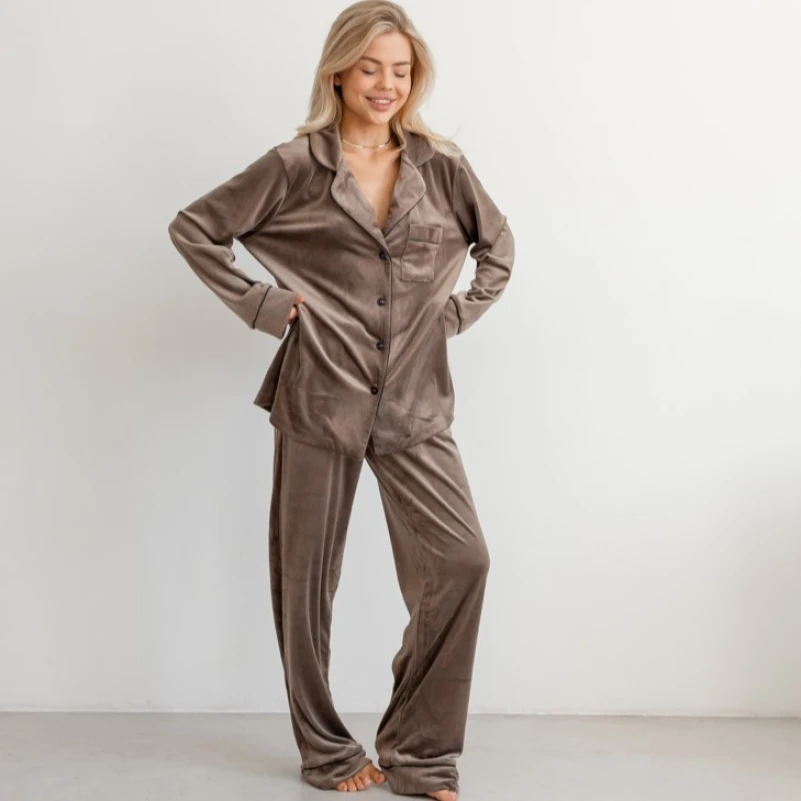 Пижама женская Велюровая "Velor brown"  на пуговицах - 3