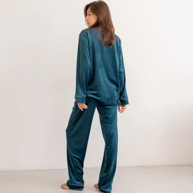 Пижама женская Велюровая "Velor emerald"  на пуговицах - 3