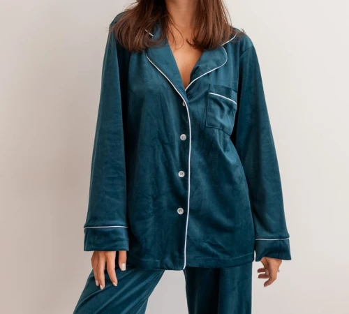 Пижама женская Велюровая "Velor emerald"  на пуговицах - 2
