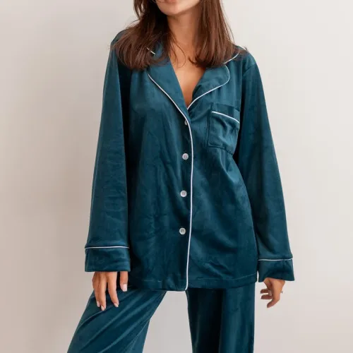 Піжама жіноча Велюрова "Velor emerald" на ґудзиках - 2