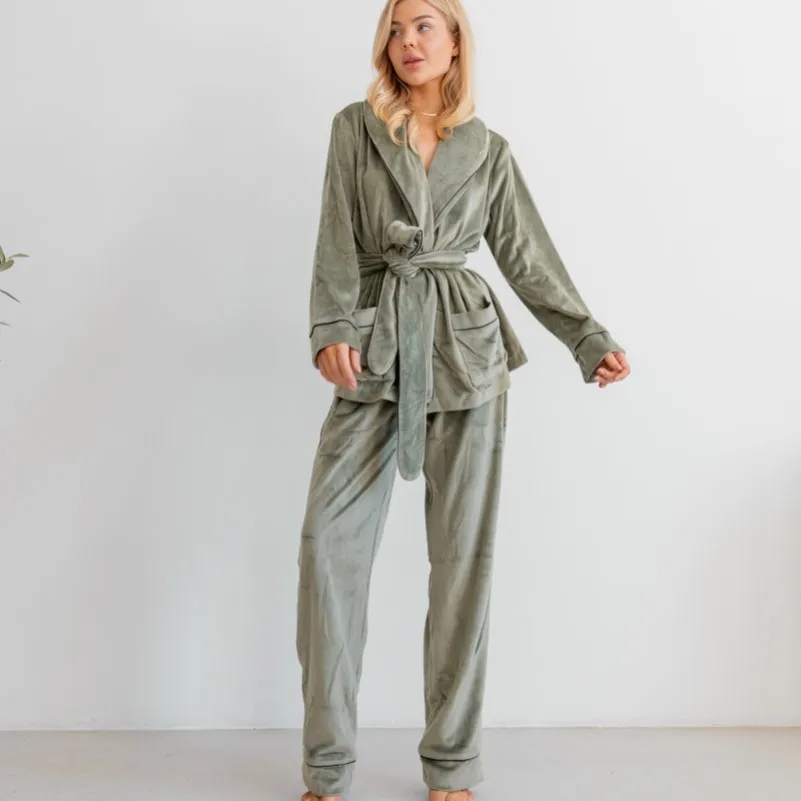 Пижама женская Велюровая "Velor olive" на запах - 4
