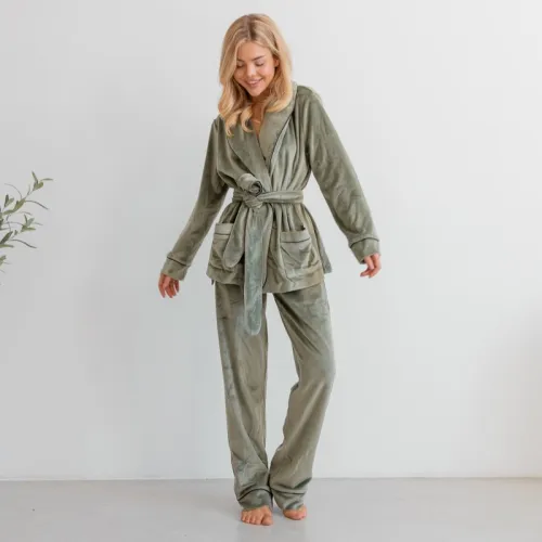 Пижама женская Велюровая "Velor olive" на запах - 3