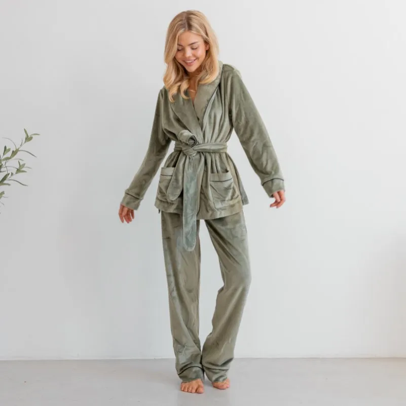 Пижама женская Велюровая "Velor olive" на запах - 2
