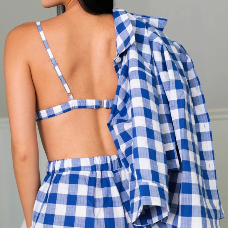 Женский домашний костюм (Шорты+рубашка+бра) "Victoria" blue - 1