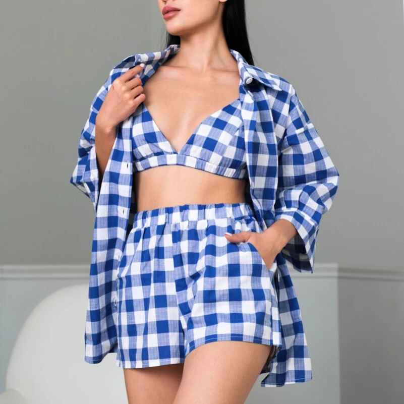 Женский домашний костюм (Шорты+рубашка+бра) "Victoria" blue