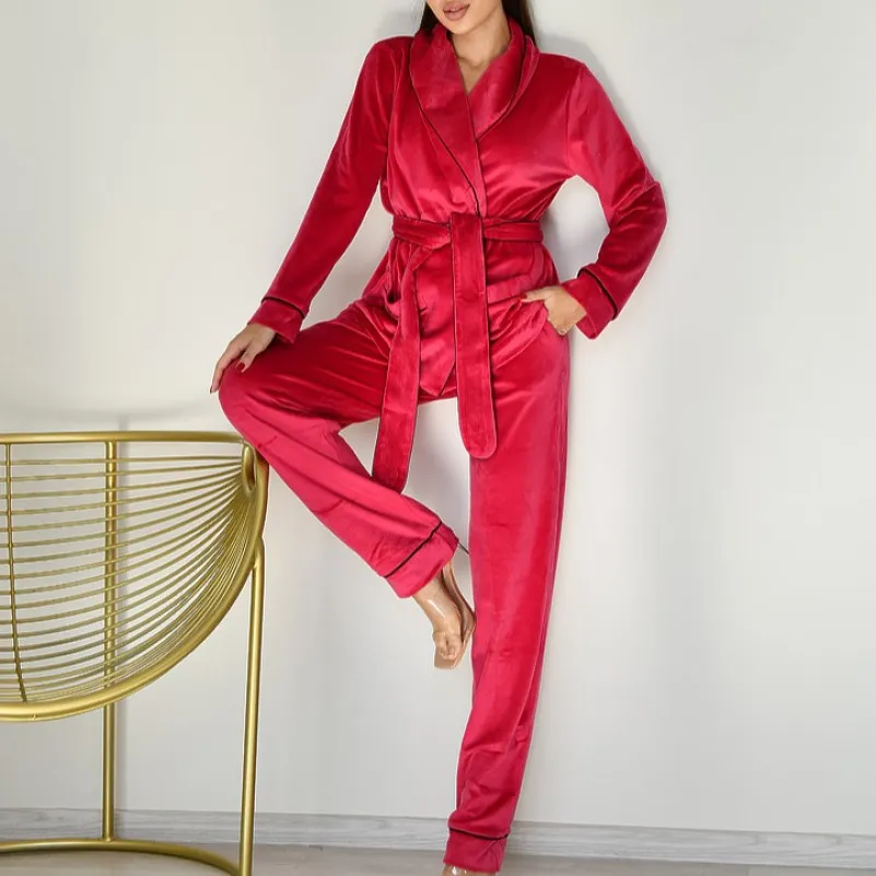 Піжама жіноча Велюрова "Velor crimson" на запах