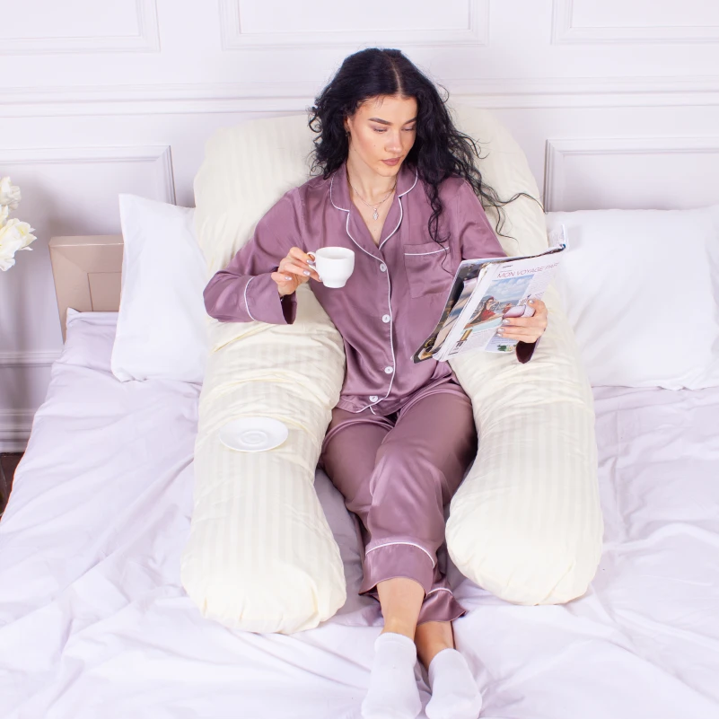 Подушка для беременных и отдыха U-образная № 8025 Satin Stripe "Soft Yellow" EcoSilk страйп-сатин - 10