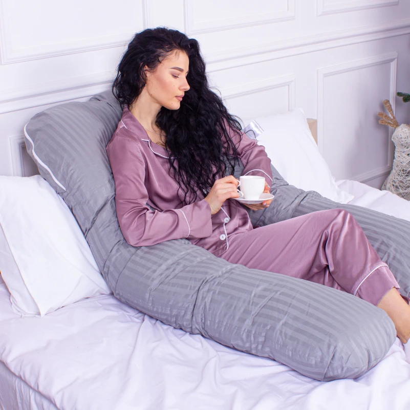 Подушка для беременных и отдыха U-образная № 8027 Satin Stripe "Light Gray" EcoSilk страйп-сатин - 10
