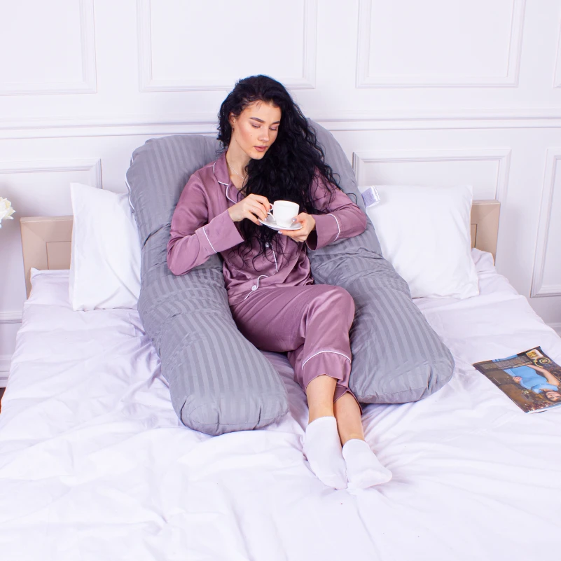 Подушка для беременных и отдыха U-образная № 8027 Satin Stripe "Light Gray" EcoSilk страйп-сатин - 11