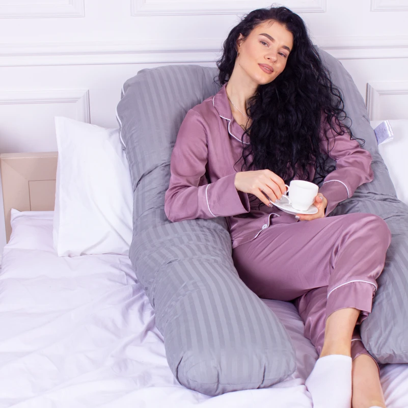 Подушка для беременных и отдыха U-образная № 8027 Satin Stripe "Light Gray" EcoSilk страйп-сатин - 12